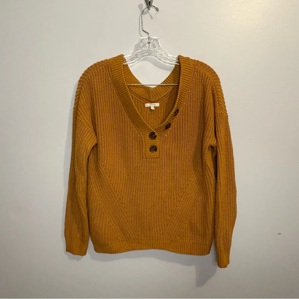 Maurice’s Women’s Sweater Large Mustard Brown Button Detail V-Neck Ribbed Comfy
